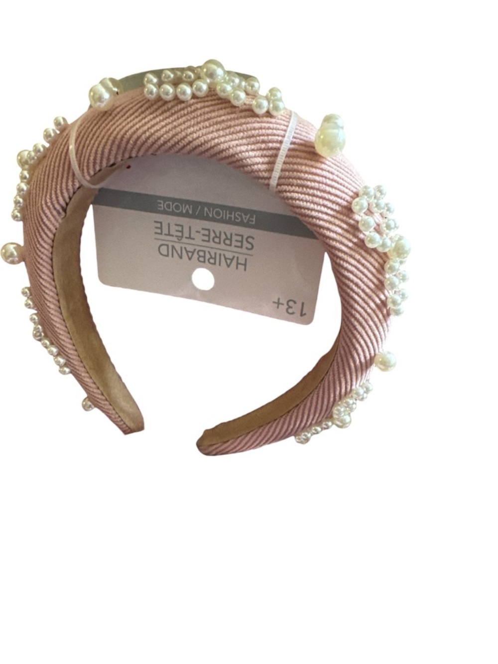 Pearl-Embellished Pink Padded Headband